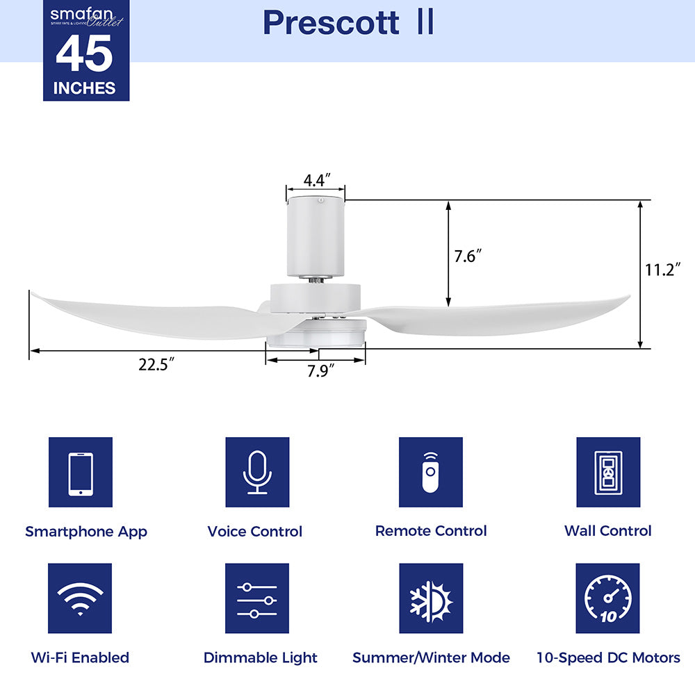Prescott2 smart 45-inch white ceiling fan with icons illustrating features like smartphone app, voice control, remote and wall control, dimmable light, summer/winter mode, and 10-speed DC motor. 