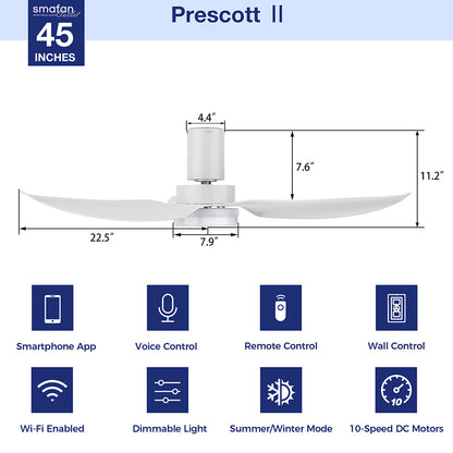 Prescott2 smart 45-inch white ceiling fan with icons illustrating features like smartphone app, voice control, remote and wall control, dimmable light, summer/winter mode, and 10-speed DC motor. 