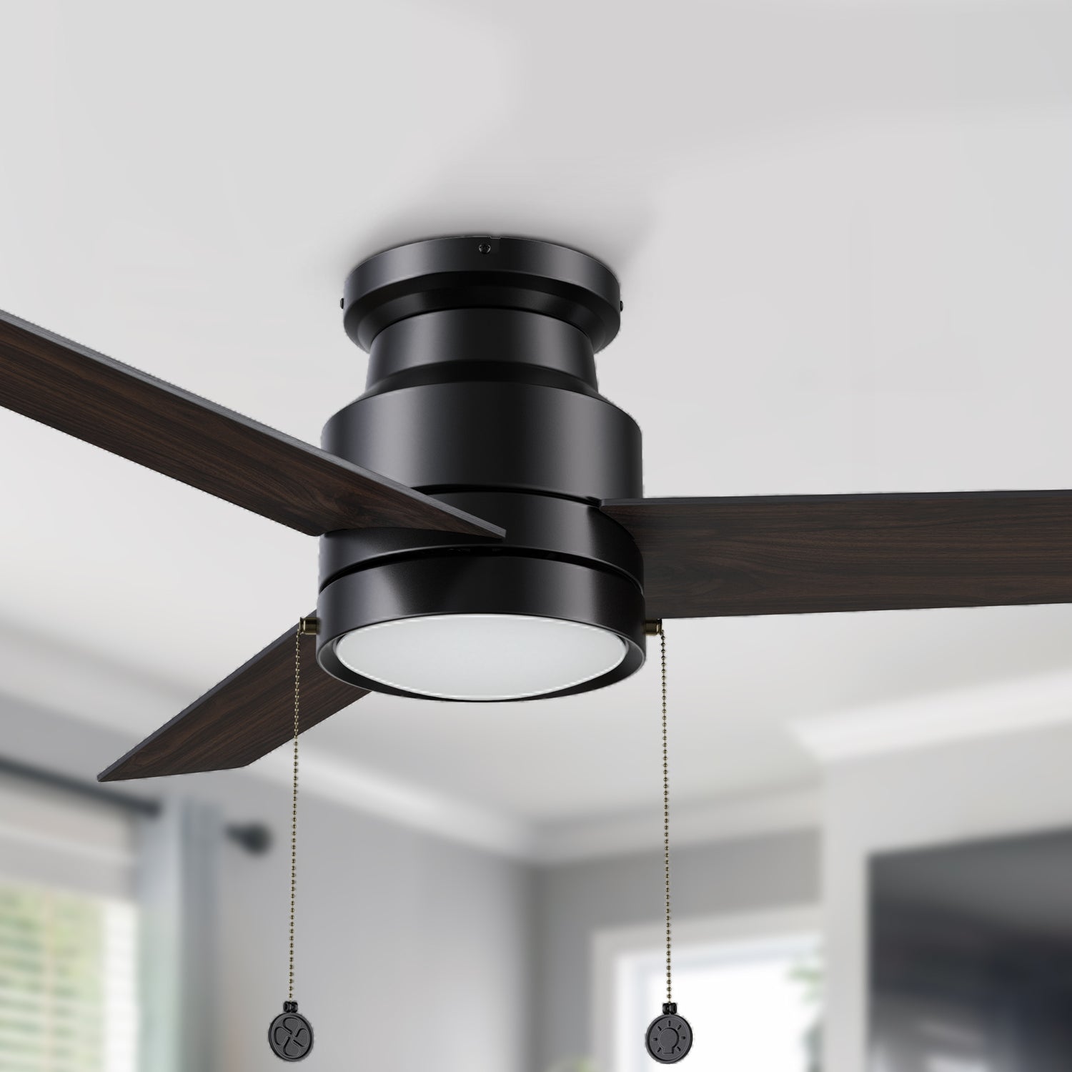 52-inch black flush mounting ceiling fan with dimmable LED light and pull chain 