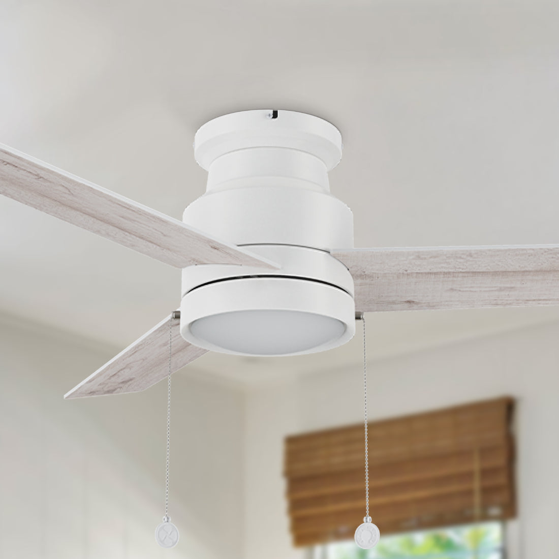 52-inch white flush mounting ceiling fan with dimmable LED light and pull chain 