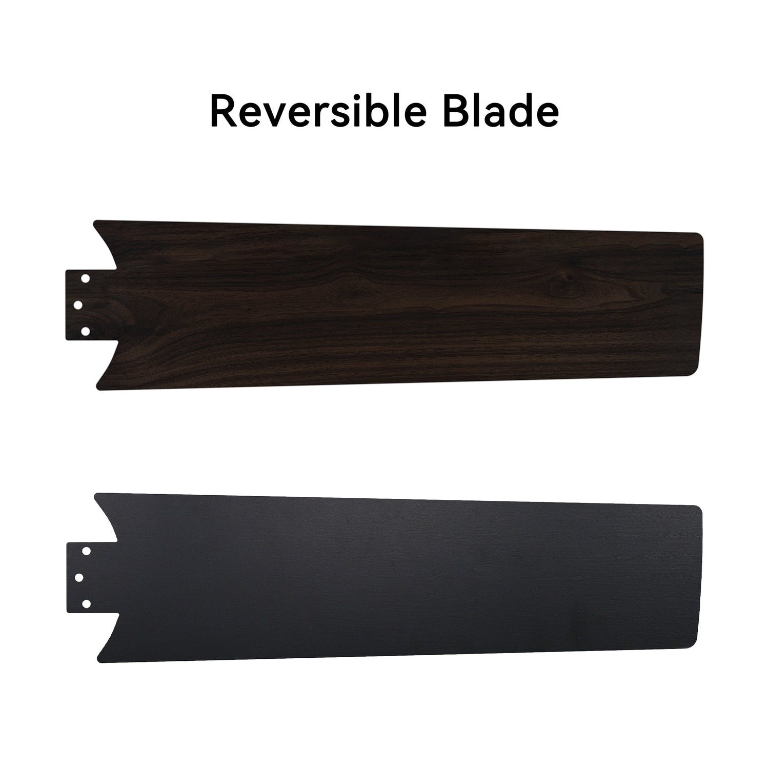 Black Low profile ceiling fan with reversible plywood blades, such as matte black and dark wood pattern. 
