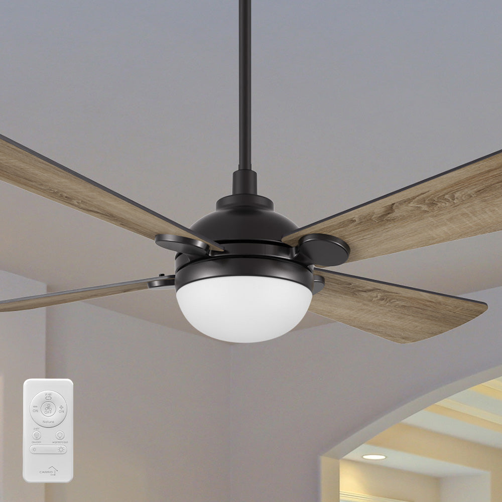The colsed view of 52 inch 4-blade indoor ceiling fan with light and wood tone blade in dry-rated room. 