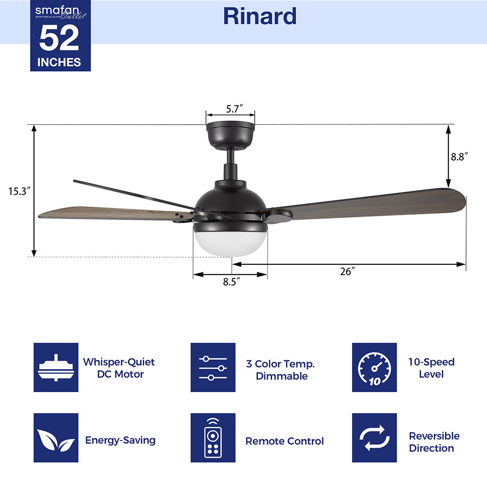 A Smafan Rinard 52-inch modern ceiling fan in black with light, dark wood-finish blades, and an integrated dimmable LED light, shown with key features and dimensions including a whisper-quiet DC motor, 10-speed level, 3 color temperature dimmable light, energy-saving, remote control, and reversible direction. 
