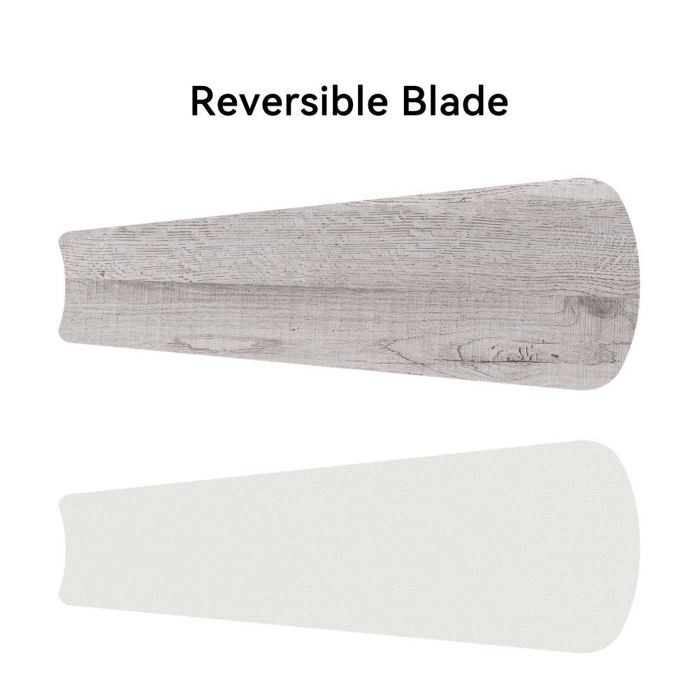 The cloesd view of two ceiling fan blades in white and White-Light Taupe Oak color. 