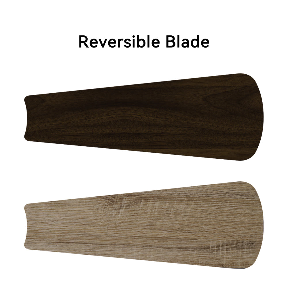 The cloesd view of two ceiling fan blades in walnut and wood color. 