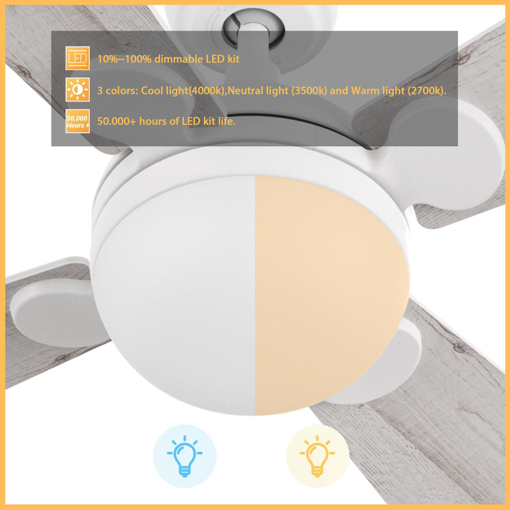 Rinard indoor ceiling fan features a versatile, dimmable LED light kit with three color temperature settings: warm (2700K), neutral (3500K), and cool white (4000K). The energy-efficient LED light boasts a lifespan of over 50,000 hours and offers 10%-100% dimmability for customizable illumination. This modern flush mount ceiling fan combines effective air circulation with adjustable, long-lasting LED lighting. 