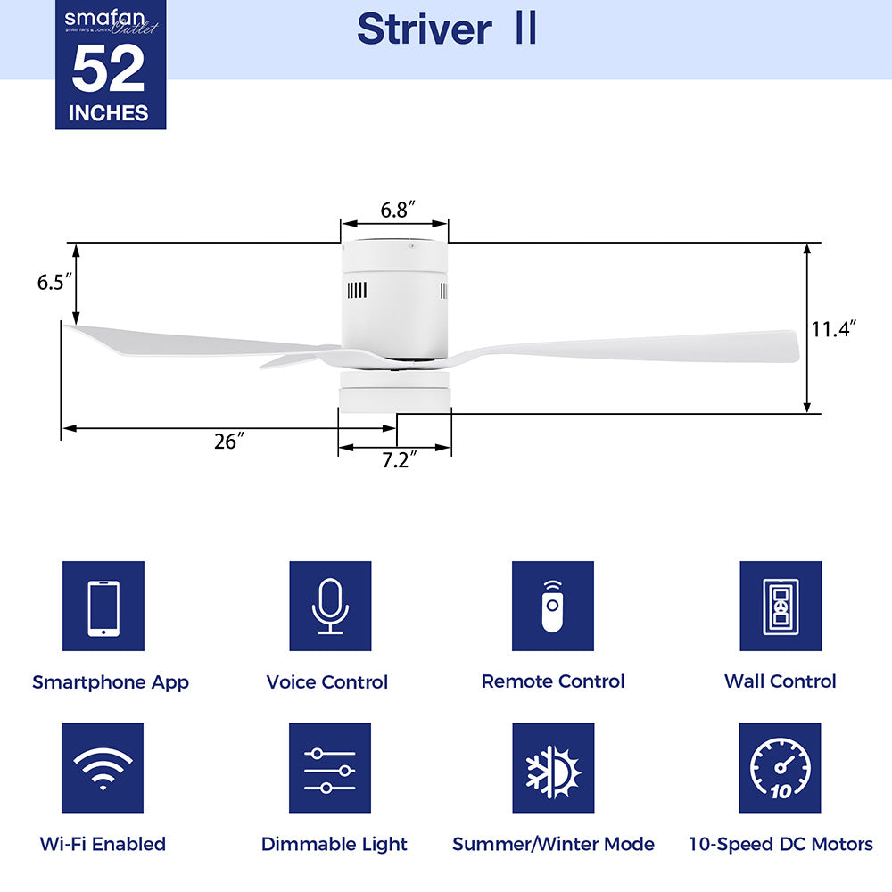 Smafan Striver II 52-inch low-profile outdoor smart ceiling fan with light and remote control, featuring Wi-Fi connectivity, smartphone/voice/wall controls, dimmable lighting, and 10-speed DC motor with summer/winter mode - technical diagram showing measurements. 