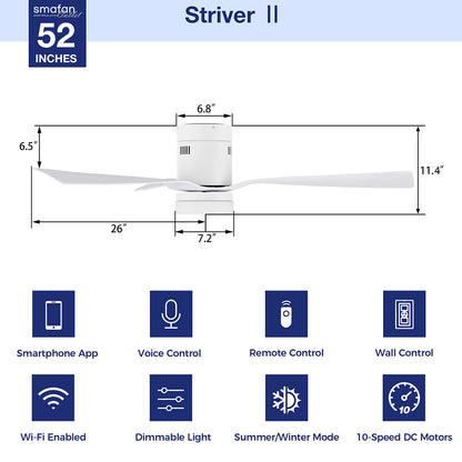Smafan Striver II 52-inch low-profile outdoor smart ceiling fan with light and remote control, featuring Wi-Fi connectivity, smartphone/voice/wall controls, dimmable lighting, and 10-speed DC motor with summer/winter mode - technical diagram showing measurements. 