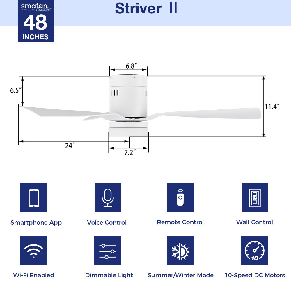 Smafan Striver II 52-inch low-profile outdoor smart ceiling fan with light in white, featuring Wi-Fi connectivity, smartphone/voice/remote/wall controls, dimmable LED lighting, 10-speed DC motor, and summer/winter mode - technical diagram showing key dimensions 