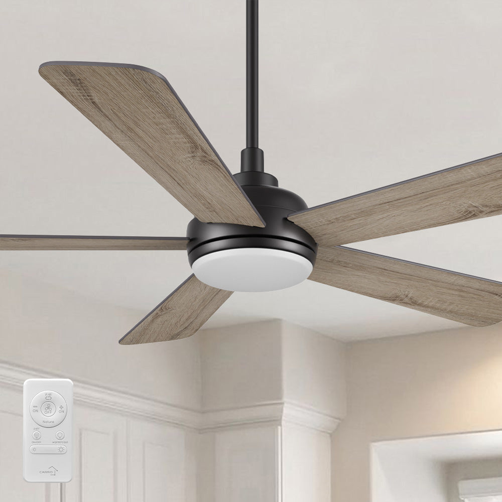 Smafan Toplam 52 inch modern ceiling fan with light and remote features a matte black body, four wood finish reversible blades, and an integrated round LED light with frosted diffuser. A white remote control for speed and lighting is included. The ceiling fan is mounted indoors on a white ceiling in a bright kitchen or living room. 