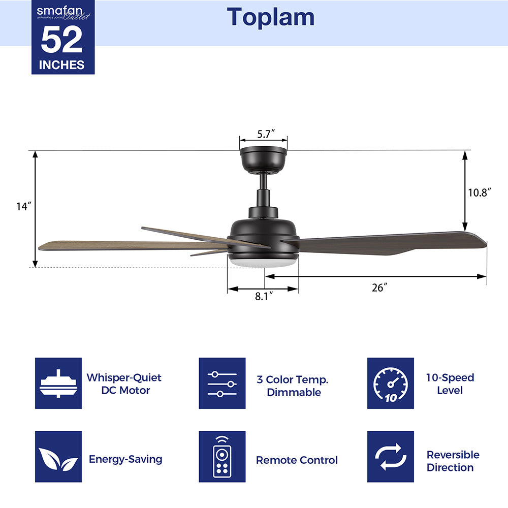 A detailed diagram of the Smafan Toplam 52-inch ceiling fan, showcasing its dimensions, including a 14-inch total height, 10.8-inch downrod length, 5.7-inch canopy height, 8.1-inch light kit diameter, and 26-inch blade length from the center. The image also highlights key features like a Whisper-Quiet DC Motor, 3 Color Temp. Dimmable LED, 10-Speed Level, Energy-Saving design, Remote Control functionality, and Reversible Direction airflow. 