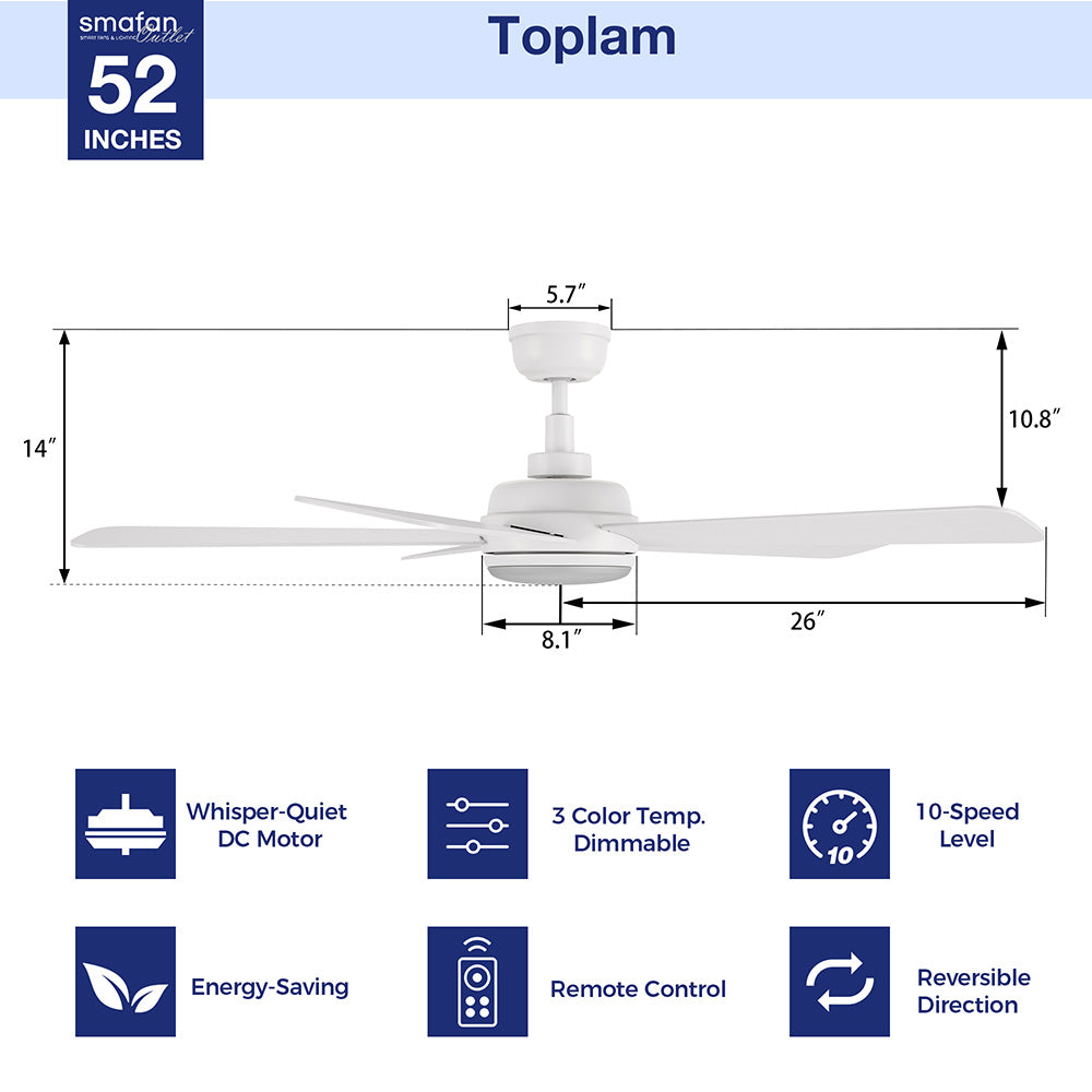 A white Smafan Toplam 52-inch ceiling fan with five blades and an integrated LED light kit, shown with key dimensions (14" overall height, 10.8" light housing height, 5.7" ceiling mount height, 8.1" light housing width, 26" blade length from center to tip). Below the fan are six feature icons: Whisper-Quiet DC Motor, 3 Color Temp. Dimmable LED, 10-Speed Level, Energy-Saving, Remote Control, and Reversible Direction. 
