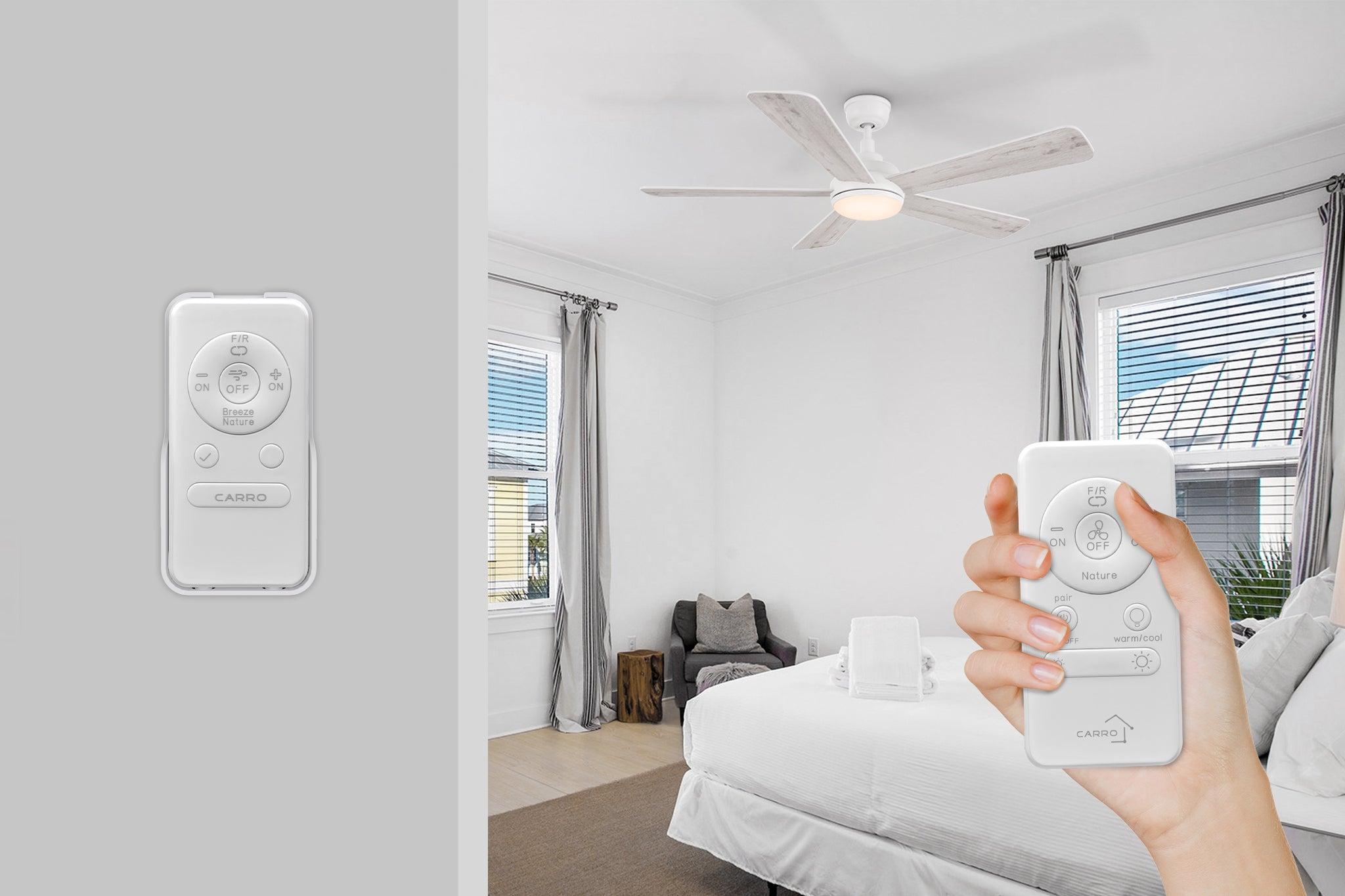 Smafan Toplam 52 inch white ceiling fan with light and remote control operating in a modern bedroom.