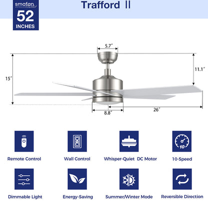 A diagram of the Smafan Trafford2 52-inch brushed nickel ceiling fan with light, showing dimensions: 5.7&quot; height to ceiling, 11.1&quot; total height, 8.8&quot; fan body height, and 26&quot; blade length. Features listed below include: remote control, wall control, whisper-quiet DC motor, 10-speed settings, dimmable light, energy-saving, summer/winter mode, and reversible direction. The Smafan logo and &quot;Trafford II 52 Inches&quot; are displayed at the top. 