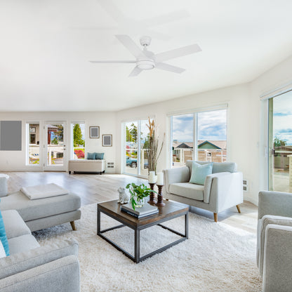 A modern living room with light gray furniture, including a sofa and armchairs, arranged around a wooden coffee table with decor. The room features large windows, light wood flooring, a white rug, and a Smafan Trafford2 white ceiling fan with a light fixture. Natural light fills the space, and outside views show a suburban neighborhood. 