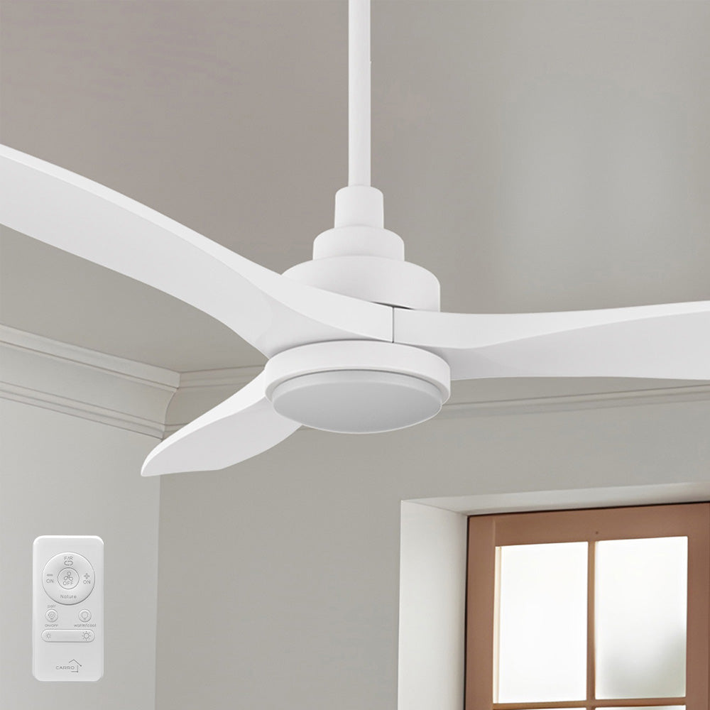 Studio shot of Ultiem 48-inch white three-blade ceiling fan with a slim round LED light and short downrod, presented on a clean background with included remote control. 