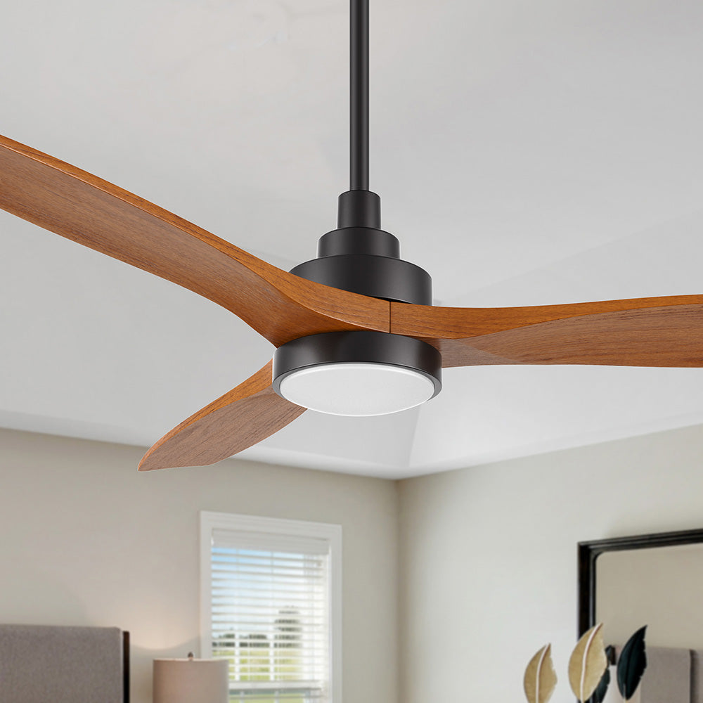 48-inch wood ceiling fan with integrated LED light and remote control, modern design with three curved wooden blades installed in small room. 