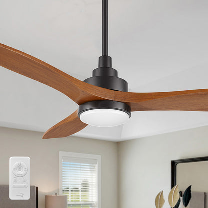 48-inch wood ceiling fan with integrated LED light and remote control, modern design with three curved wooden blades installed in small room. 