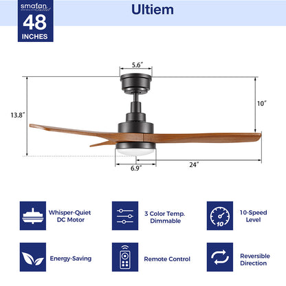 Diagram of Smafan Ultiem 48-inch wood ceiling fan features, showing measurements, remote control, dimmable LED light, energy saving DC motor, 10 speeds, and reversible rotation. 