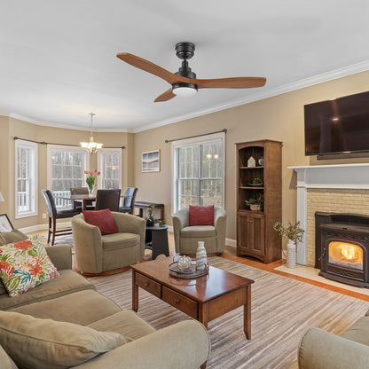 Modern eclectic living room with tan sofa set and large windows, featuring a 48-inch wooden ceiling fan with LED light and remote control. 