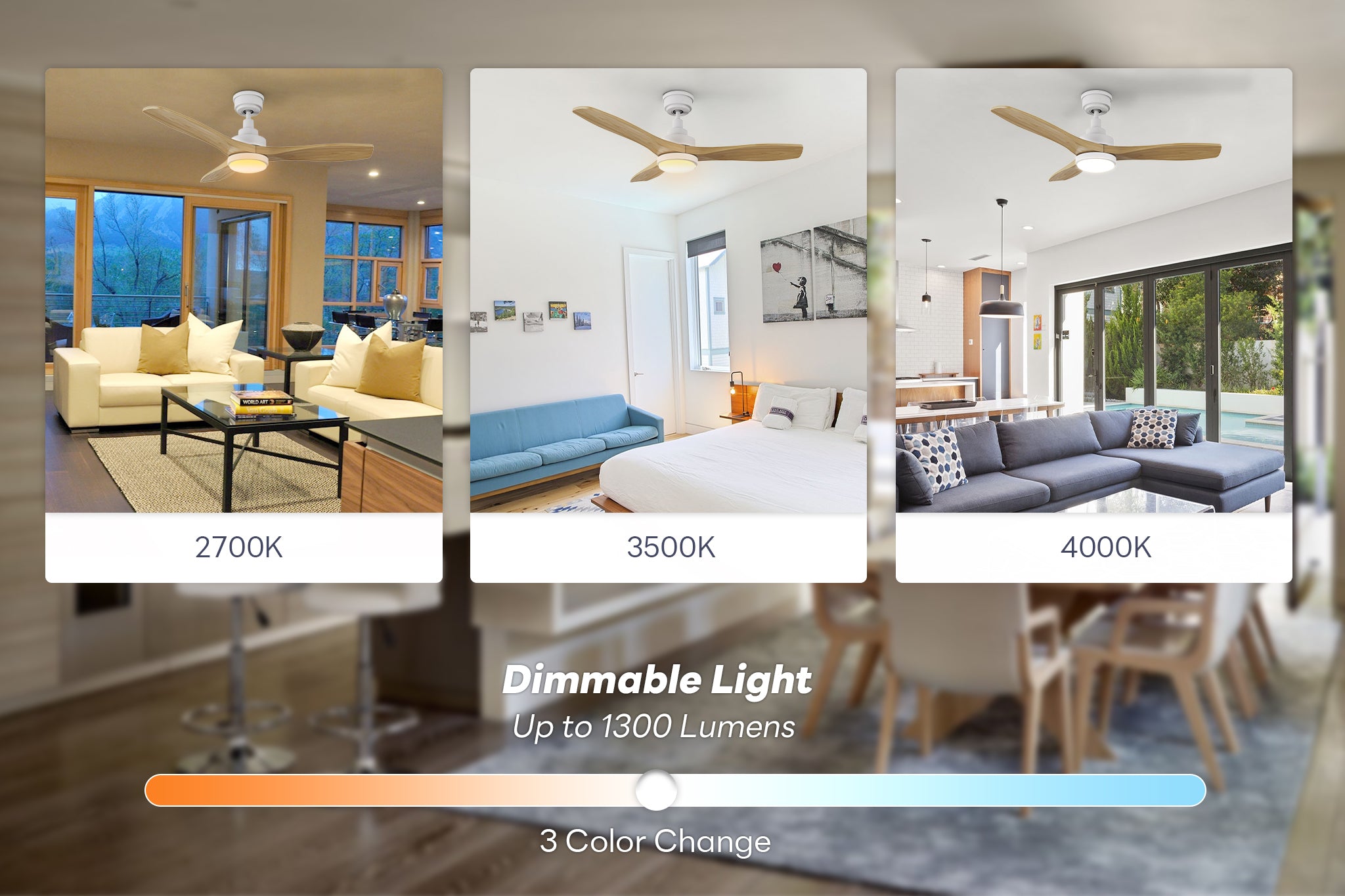 Smafan Ultiem 48 inch wood ceiling fan with dimmable LED light, shown in three room settings with adjustable color temperatures (2700K warm, 3500K neutral, 4000K cool), featuring up to 1300 lumens brightness, 3-color change options, and dimming control.