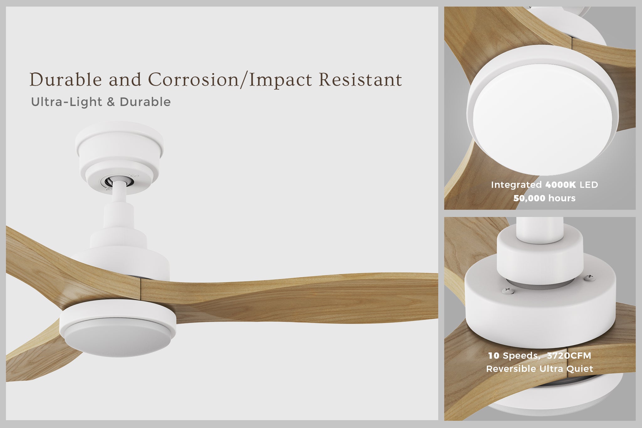 Smafan Ultiem 52 inch wood ceiling fan with light and DC motor, shown in multi-panel display highlighting light wood blades, durable white motor housing, 4000K LED light with 50,000-hour lifespan, and 10-speed reversible ultra-quiet airflow at 3720 CFM.