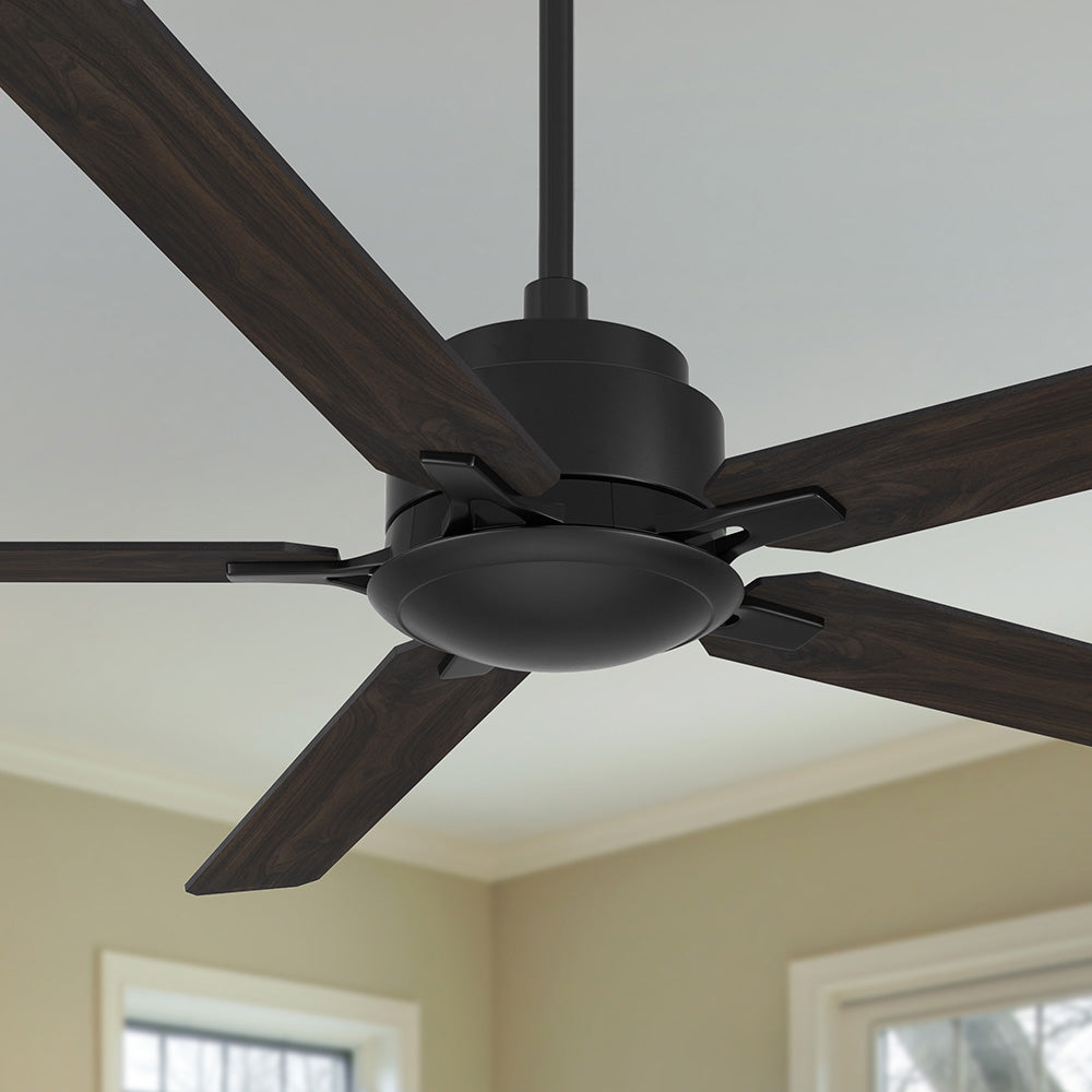 A close-up view of a black, five-blade Smafan Warwick 60 inch ceiling fan without an integrated light kit, mounted to a white ceiling in an indoor living space. 