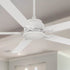 Close-up view of the Smafan Warwick 60-inch white ceiling fan without light, installed on a downrod for a vaulted ceiling. The clean, modern fan features wide white blades and a streamlined motor housing, delivering powerful, quiet airflow for high-ceiling indoor spaces. 