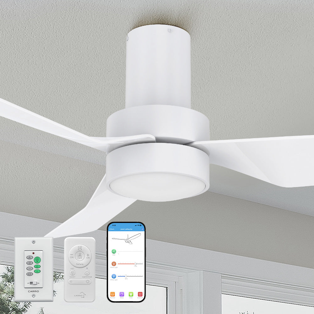 Close-up of the Smafan Carro Barnet smart flush mount ceiling fan in white, with LED light and control options including remote, wall switch, and smartphone app. 