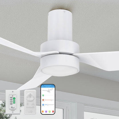 Close-up of the Smafan Carro Barnet smart flush mount ceiling fan in white, with LED light and control options including remote, wall switch, and smartphone app. 
