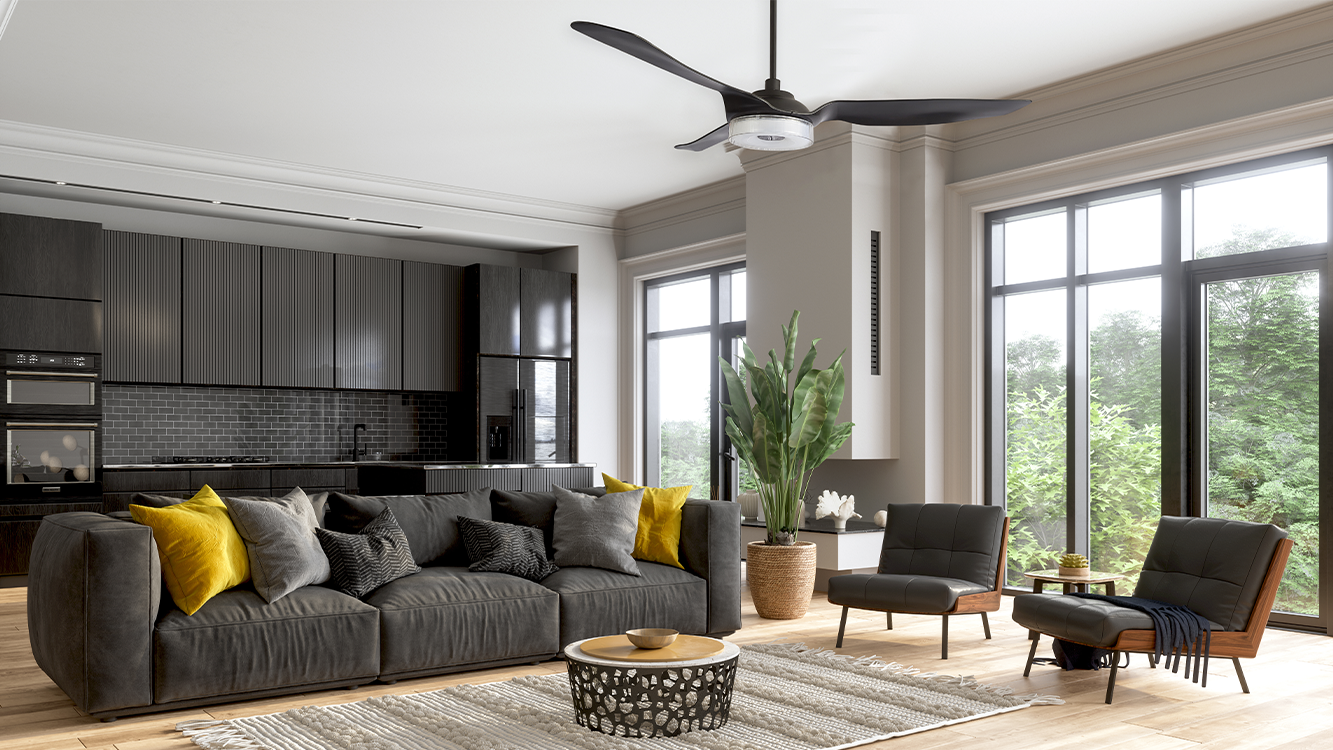 Smafan Icebreaker smart ceiling fan with light in a modern open-concept living room and kitchen featuring black finishes and large windows.
