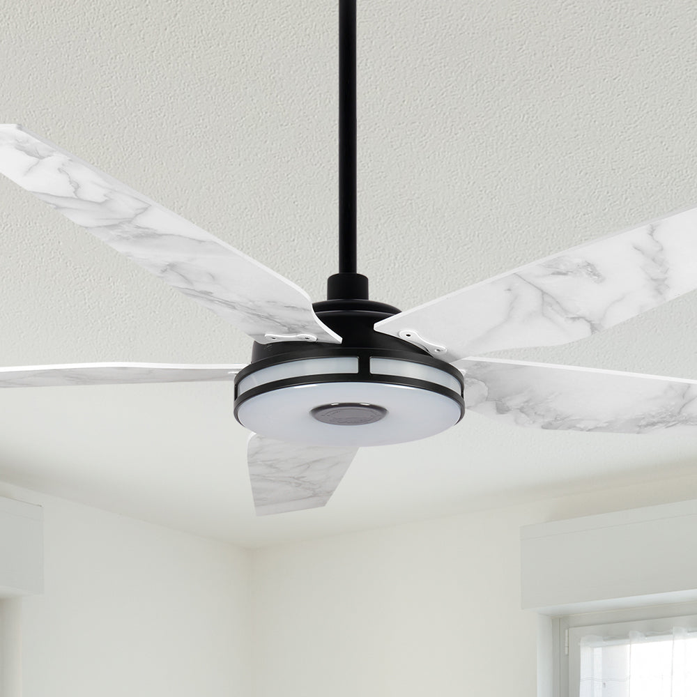 The Smafan Explorer 52 inch smart outdoor ceiling fan with dimmable integrated LED, 10-speed whisper-quiet DC motor. #color_White-Marble