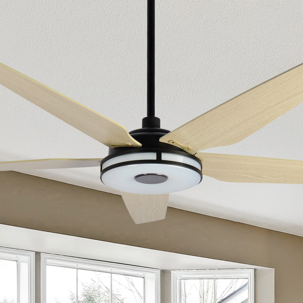 The Smafan Explorer 52 inch smart outdoor ceiling fan with dimmable integrated LED, 10-speed whisper-quiet DC motor. #color_Light-Wood