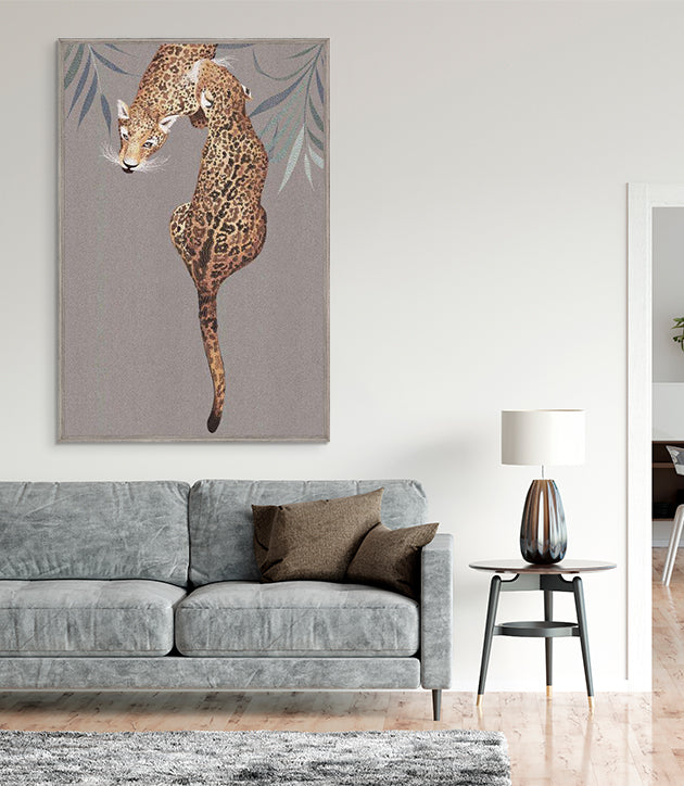 Grey background color Leopard Embroidered artwork for decorating the living  room