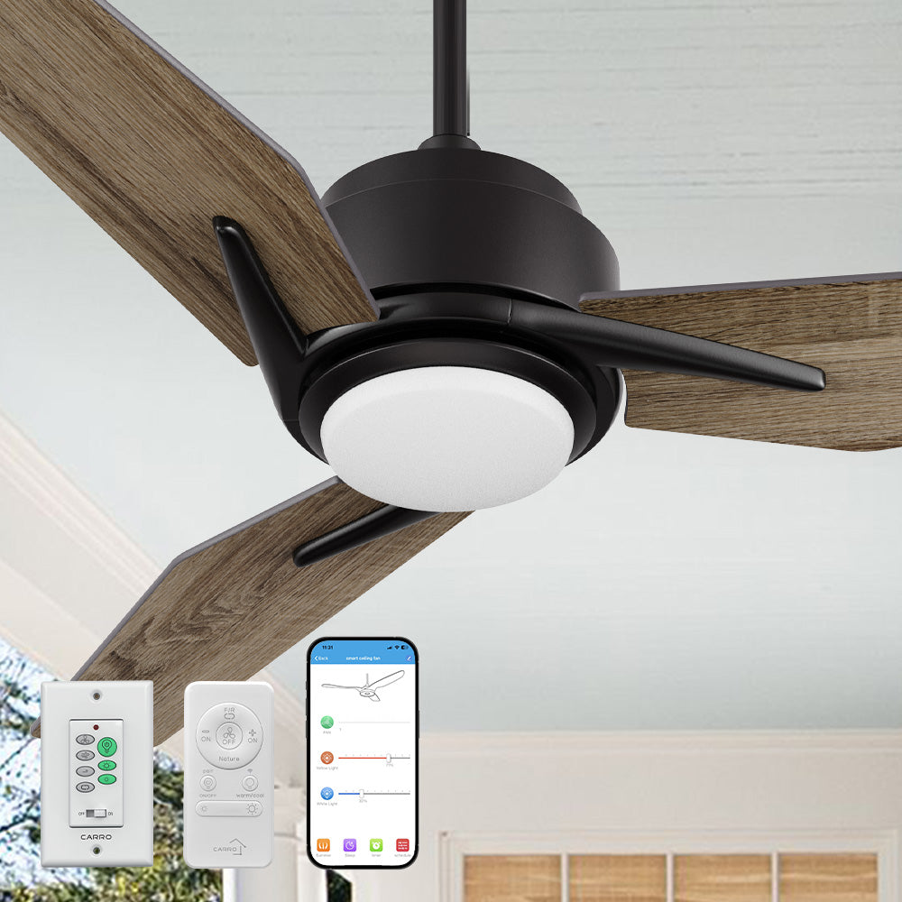 A 52-inch Smfan Tilbury2 outdoor smart ceiling fan with light, featuring wood-colored blades and a black body, mounted on a ceiling. The fan includes a white light fixture and is accompanied by a wall control, a remote control, and a smartphone app interface displaying fan and light settings. 