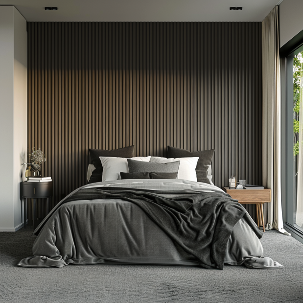 Luxury smoked oak acoustic slat wood wall panels installed behind a bed in a modern bedroom, adding texture and warmth.