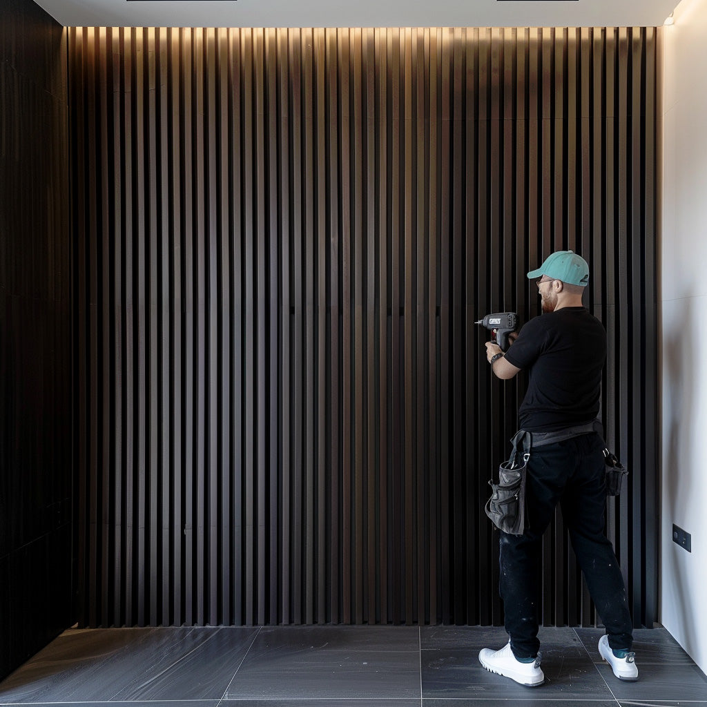Installation of smoked oak acoustic slat wood wall panels by a person using a power drill in a modern interior space.