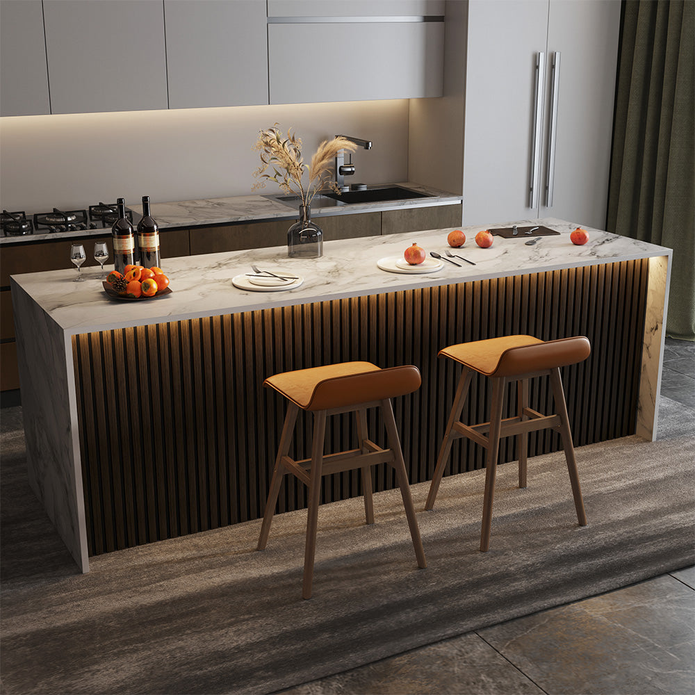 Smoked oak acoustic slat wood wall panels used as an accent feature behind a modern kitchen island.