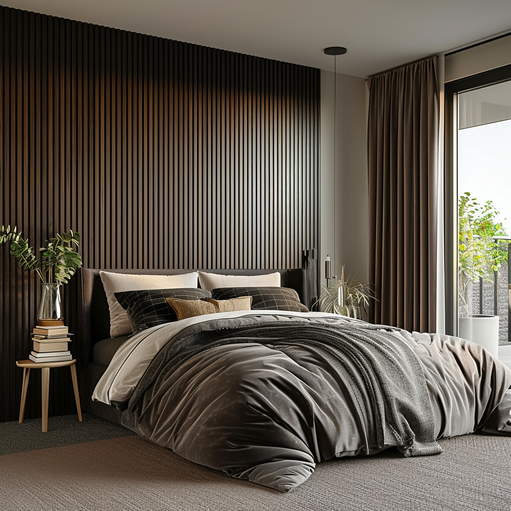 Smoked oak acoustic slat wood wall panels in a contemporary bedroom, offering a sleek and modern design.