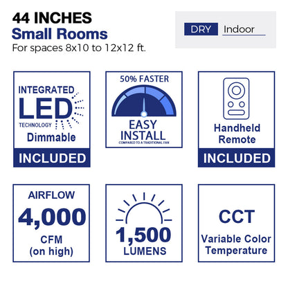 Diagram of a 44-inch ceiling fan designed for small indoor rooms measuring 8x10 to 12x12 feet, specifically for dry environments. The image illustrates a stylized living room layout with furniture, showcasing the fan&
