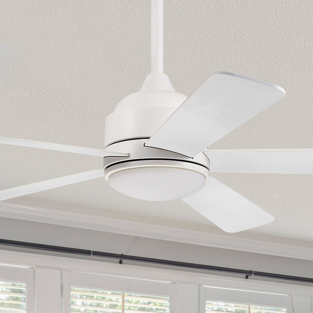 This Soran 52'' smart ceiling fan keeps your space cool, bright, and stylish. It is a soft modern masterpiece perfect for your large indoor living spaces. This Wifi smart ceiling fan is a simplicity designing with Black finish, use elegant Black Plywood blades and has an integrated 3000K LED warm light. #color_White