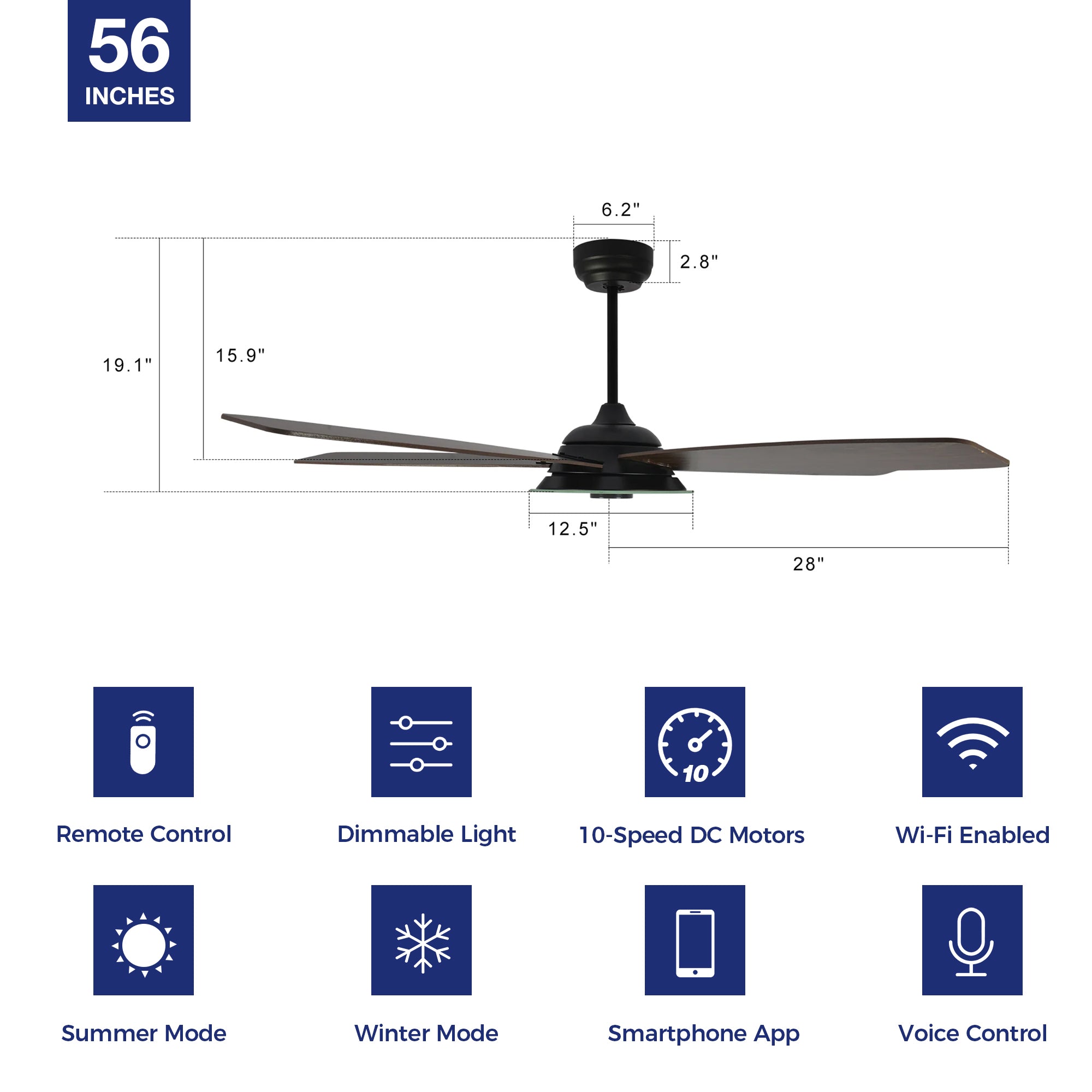 Striker Outdoor 56&quot; Smart Ceiling Fan with LED Light Kit-Black Case and Dark Wood Fan Blades. The fan features Remote control, Wi-Fi apps, and Voice control technology (compatible with Amazon Alexa and Google Home Assistant ) to set fan preferences. Equipped with 3576-lumen dimmable LED lights and a 10-speed DC Motor (5600CFM airflow output), it brings you cool and bright. 