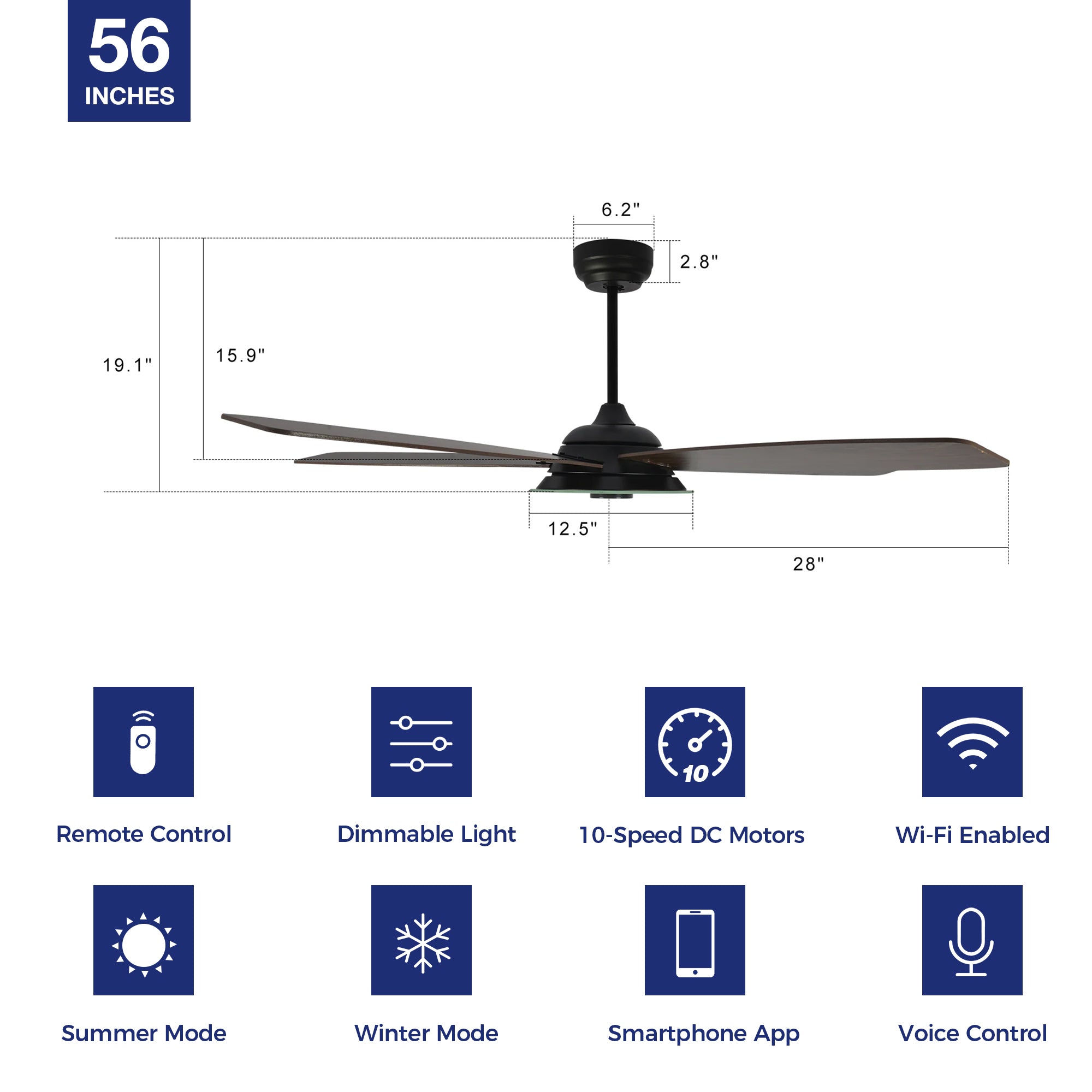 Striker Outdoor 56" Smart Ceiling Fan with LED Light Kit-Black Case and Dark Wood Fan Blades. The fan features Remote control, Wi-Fi apps, and Voice control technology (compatible with Amazon Alexa and Google Home Assistant ) to set fan preferences. Equipped with 3576-lumen dimmable LED lights and a 10-speed DC Motor (5600CFM airflow output), it brings you cool and bright. 