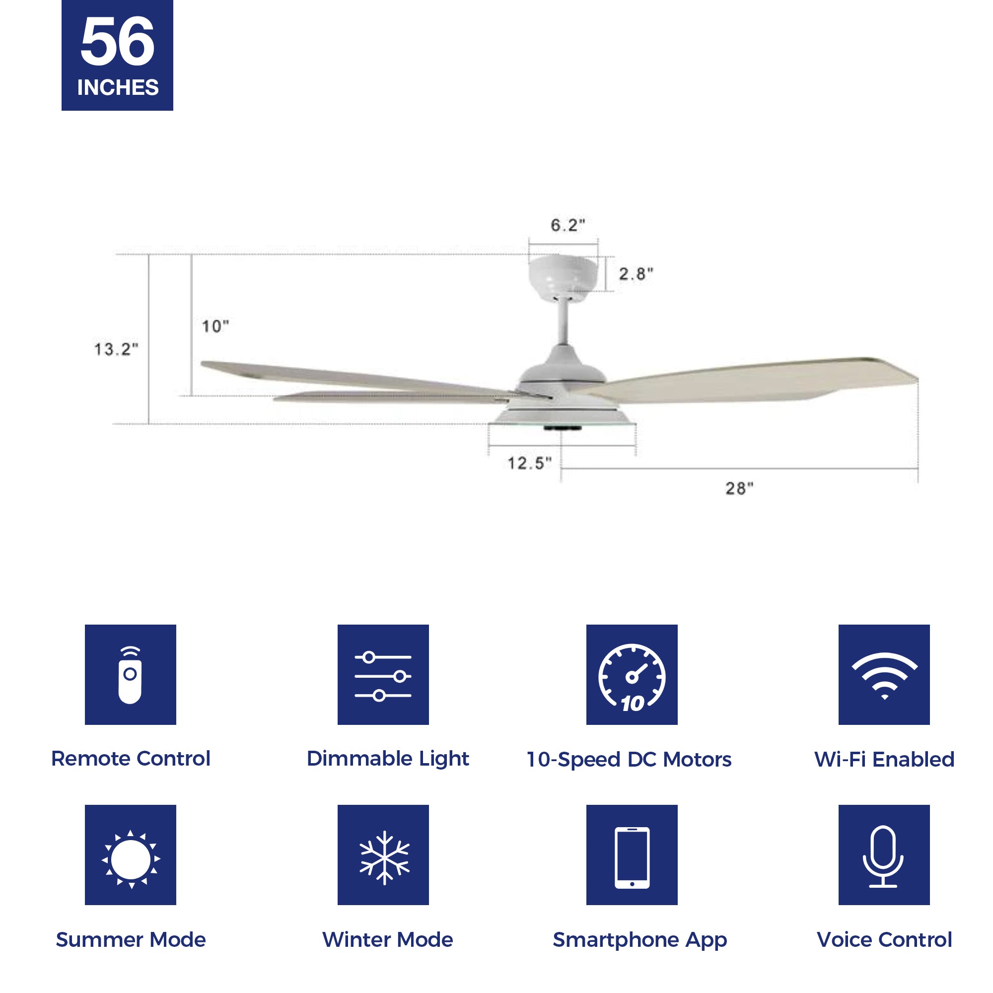 Striker Outdoor 56&quot; Smart Ceiling Fan with LED Light Kit-White Case and light-color Wood Fan Blades. The fan features Remote control, Wi-Fi apps, and Voice control technology (compatible with Amazon Alexa and Google Home Assistant ) to set fan preferences. Equipped with 3576-lumen dimmable LED lights and a 10-speed DC Motor (5600CFM airflow output), it brings you cool and bright. 