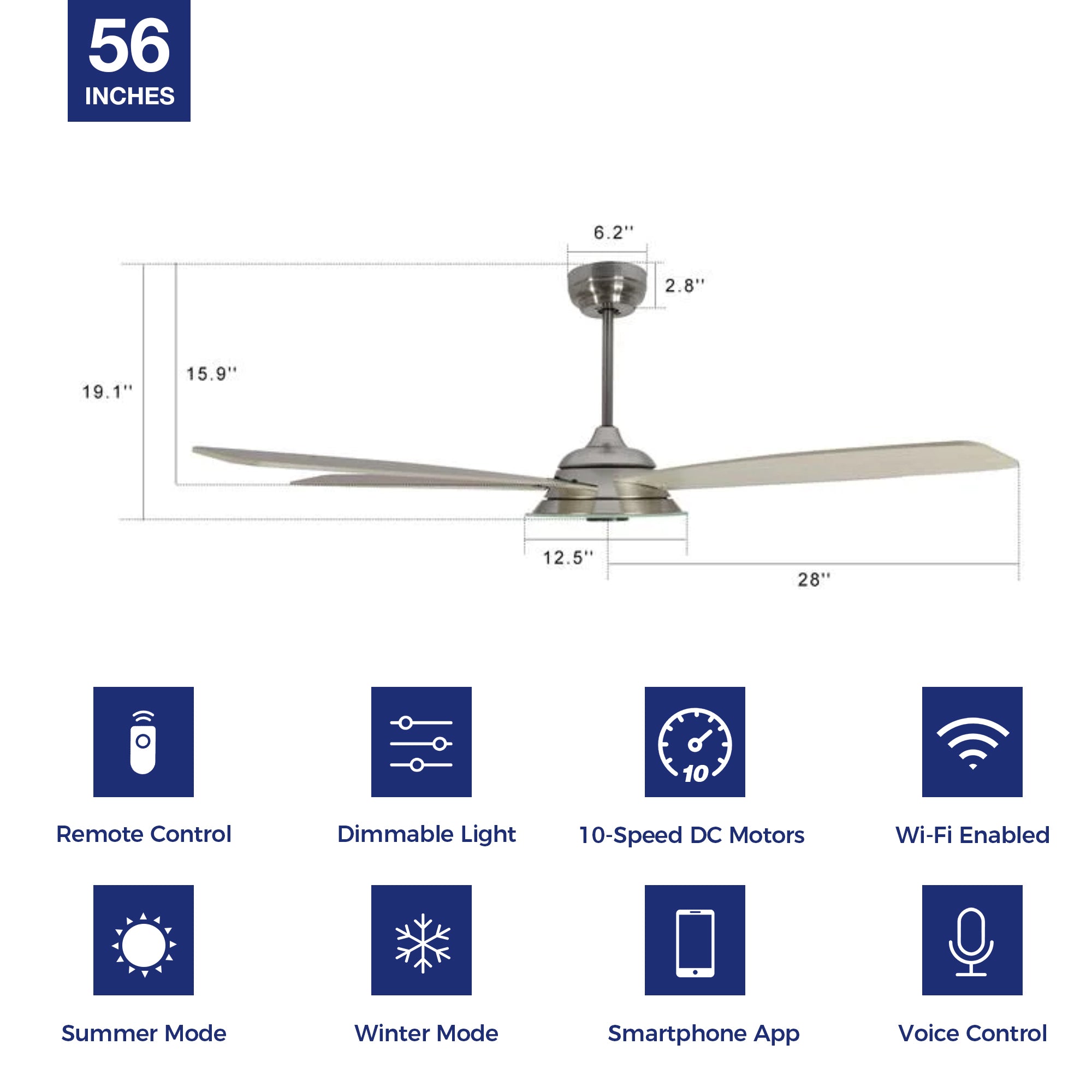 Striker Outdoor 56&quot; Smart Ceiling Fan with LED Light Kit-Silver Case and light-color Wood Grain Fan Blades. The fan features Remote control, Wi-Fi apps, and Voice control technology (compatible with Amazon Alexa and Google Home Assistant ) to set fan preferences. Equipped with 3576-lumen dimmable LED lights and a 10-speed DC Motor (5600CFM airflow output), it brings you cool and bright. 