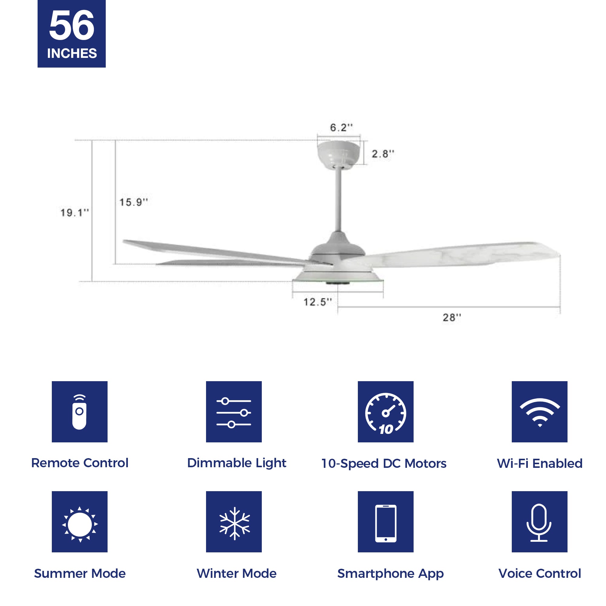 Striker Outdoor 56" Smart Ceiling Fan with LED Light Kit-White Case and White Marble Pattern Fan Blades. The fan features Remote control, Wi-Fi apps, and Voice control technology (compatible with Amazon Alexa and Google Home Assistant ) to set fan preferences. Equipped with 3576-lumen dimmable LED lights and a 10-speed DC Motor (5600CFM airflow output), it brings you cool and bright. 