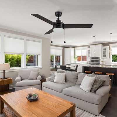 52 inch modern ceiling fan in black with light well matches the grey sofa in modern living room with 5-speed DC motor.#color_black