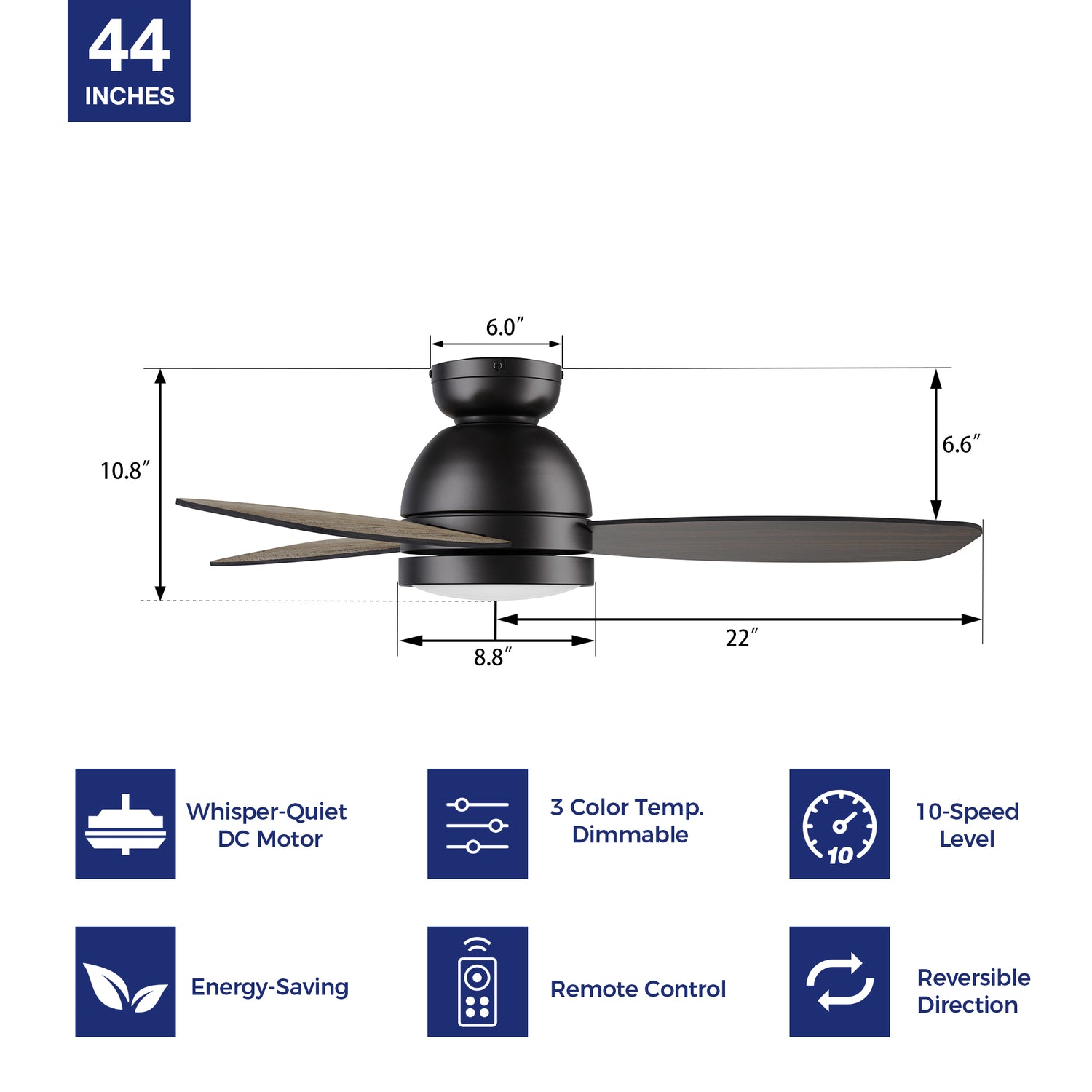 Transform your space with a 44-inch black low-profile ceiling fan. Enjoy the convenience of a remote-controlled 10-speed adjustable DC motor, 3-color temperature dimmable light with 1300 lumens, and an impressive 2800 CFM high air volume. 