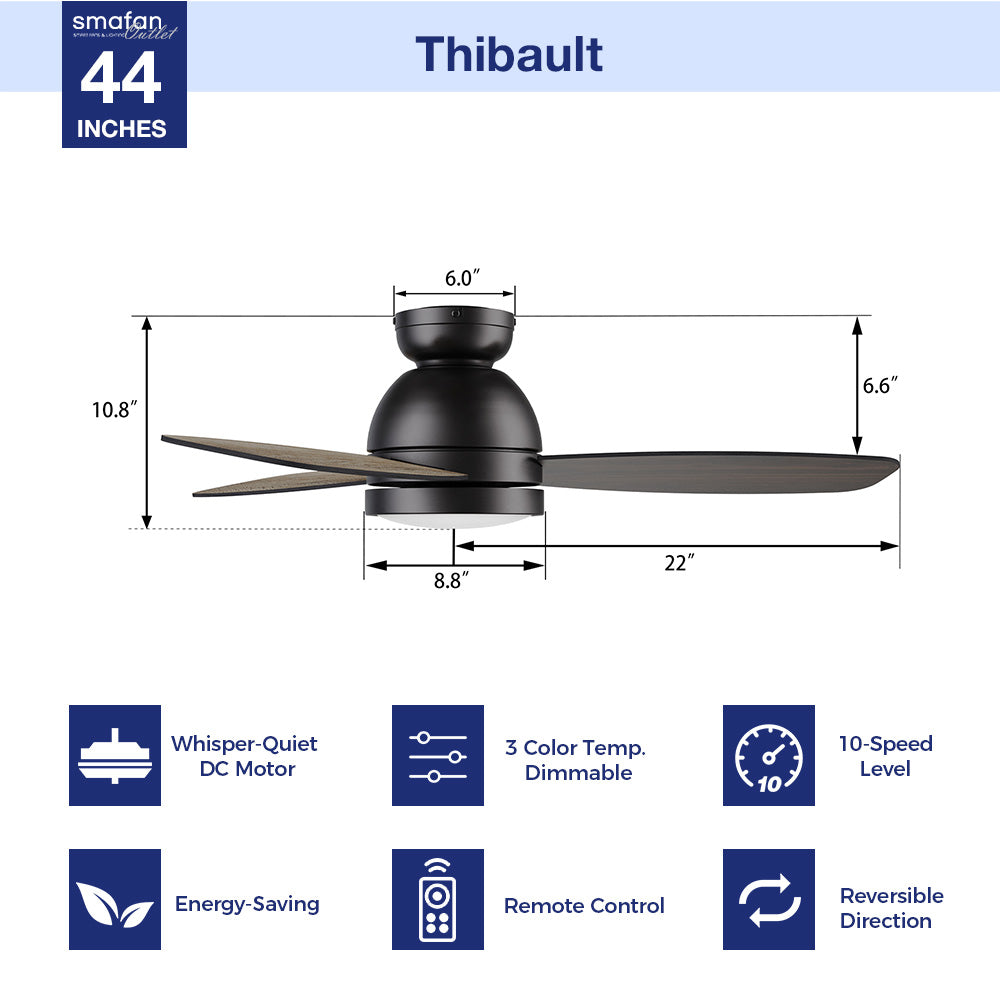Transform your space with a 44-inch black low-profile ceiling fan. Enjoy the convenience of a remote-controlled 10-speed adjustable DC motor, 3-color temperature dimmable light with 1300 lumens, and an impressive 2800 CFM high air volume. 