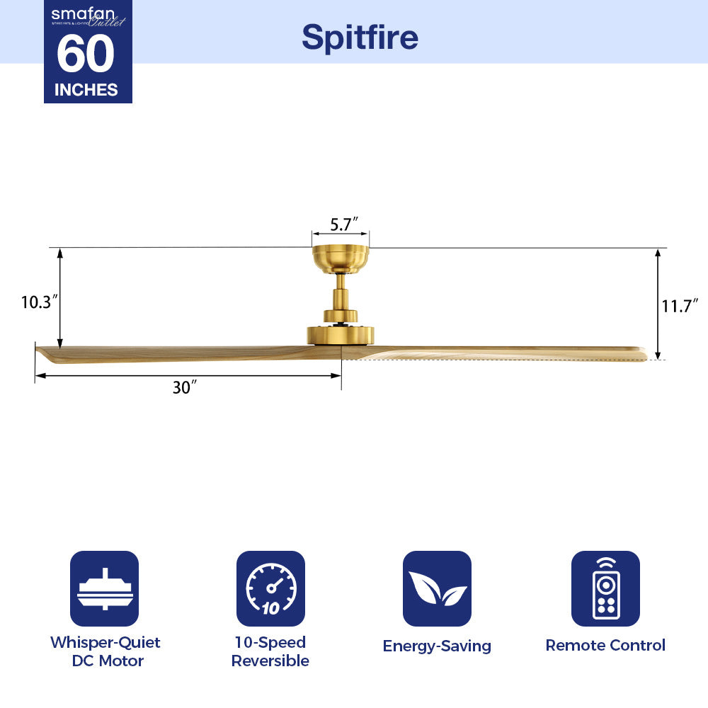 Thora 60 inch farmhouse ceiling fan with remote in gold finish, featuring three wooden-look blades. Fan measures 5.7" from ceiling to motor, 10.3" to lowest blade point, and 11.7" total height with 30" blade span. Key features highlighted with icons: whisper-quiet DC motor, 10-speed reversible, energy-saving, and remote control. 